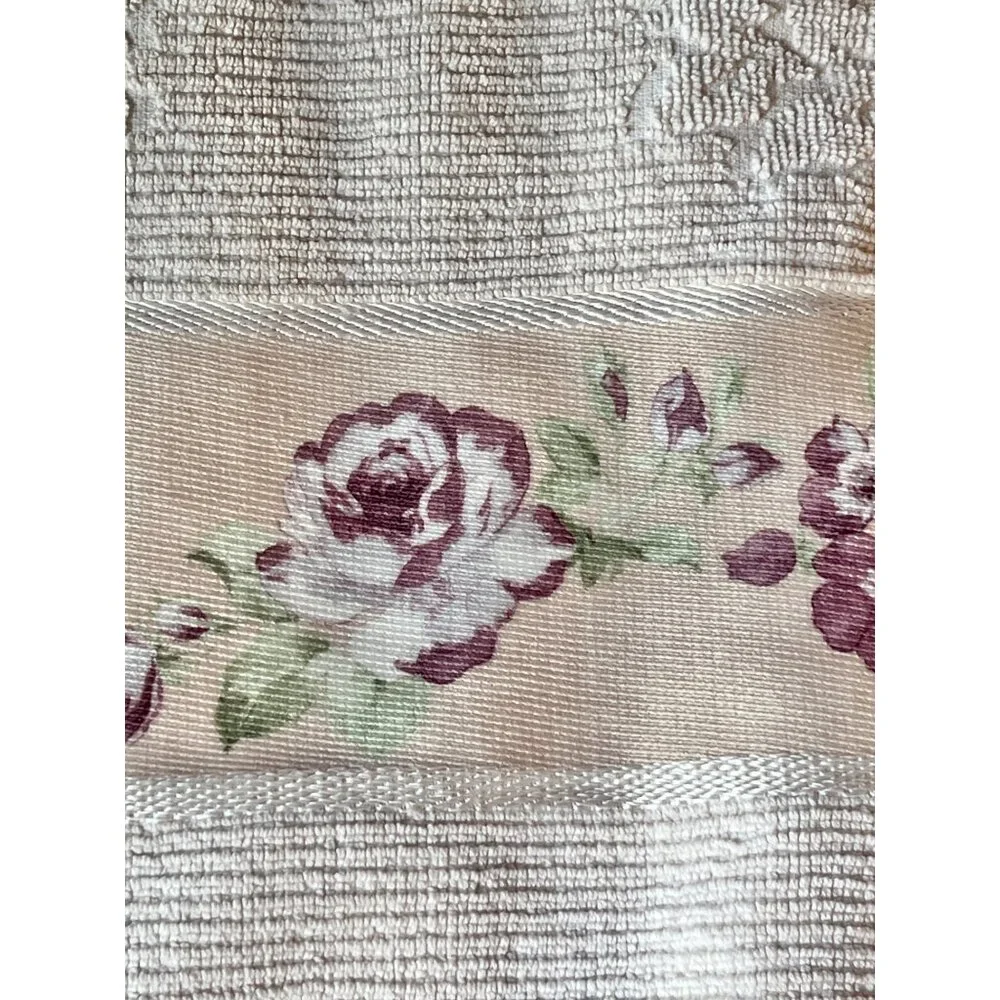 Croscill Home Bath Towel & Hand Towel Set Cream W/ Purple Roses Band Cotton